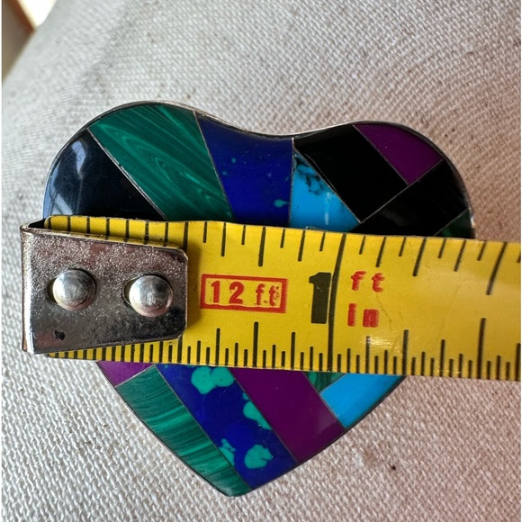 Vintage! Sterling Silver and Inlaid Stone Heart Pin Brooch - Picture 6 of 7